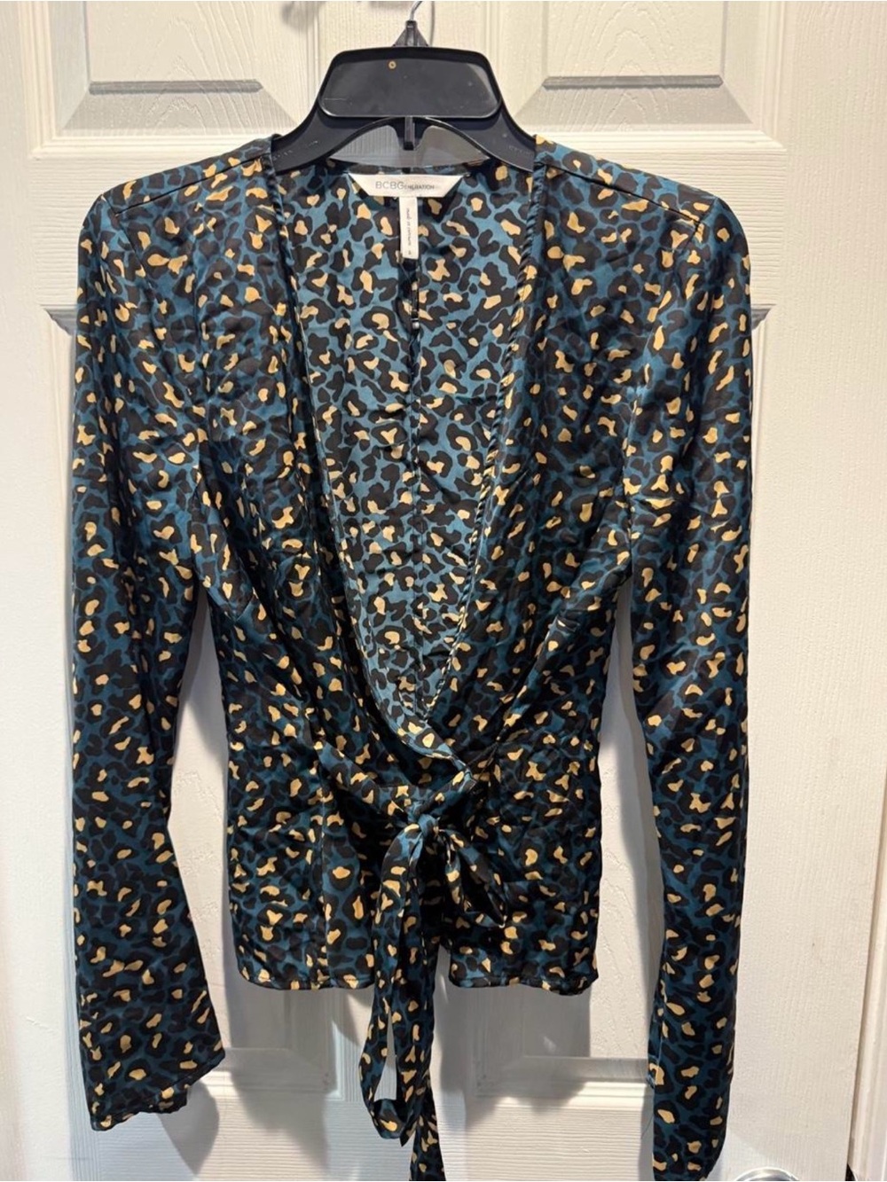 BCBGeneration Teal and Tan Leopard-Print Wrap Blouse